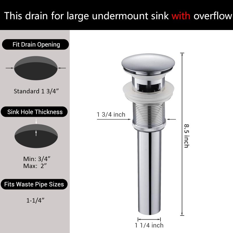 Yodel Faucet Bathroom Sink Drain with Overflow - Big Cap for Standard 1 3/4" Drain Opening - Pop Up Drain,Chrome,YDPOP-6 - Image 5